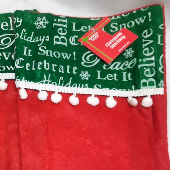 NWT 2 18" Felt Stockings with green cuff and ball trim with writing on cuff - Picture 4 of 4
